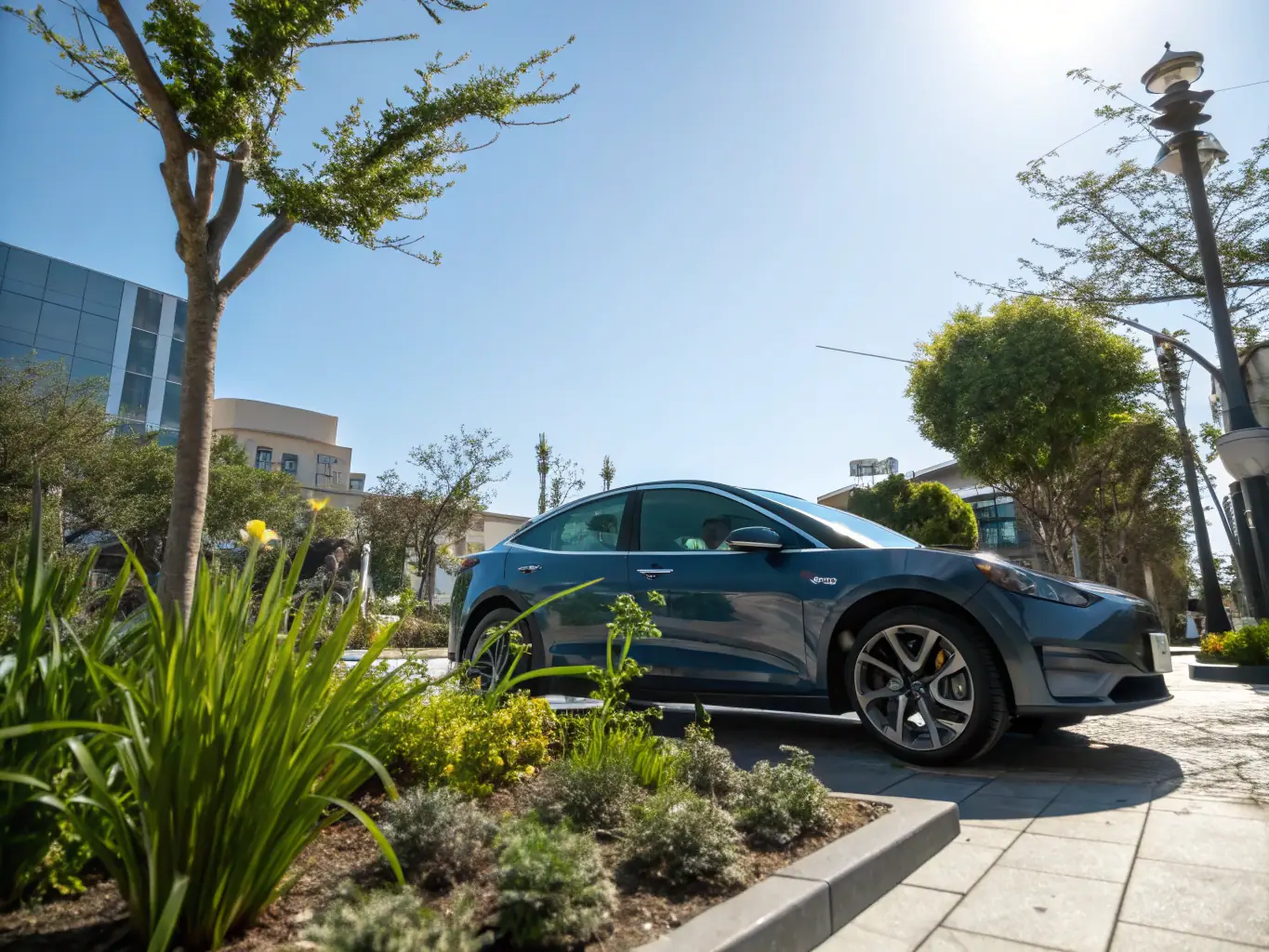 A modern electric car charging at a charging station, highlighting the electric vehicle options provided by Delta Cars.