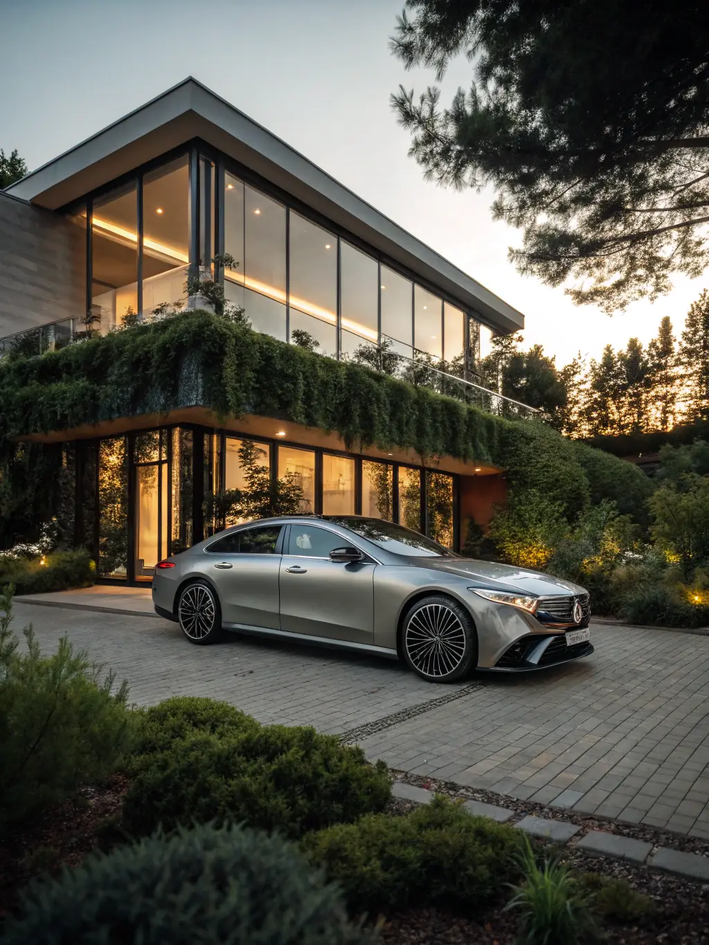 A sleek, modern luxury sedan, such as a Mercedes-Benz S-Class, parked in front of a high-end dealership, showcasing its elegant design and premium features.