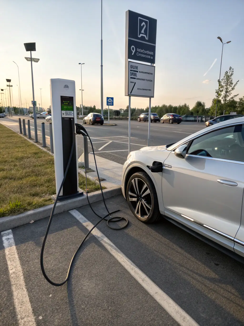A cutting-edge electric car, like a BMW i3, charging at a modern charging station, emphasizing its eco-friendly design and innovative technology.